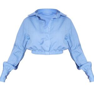 BLUE LINEN LOOK ELASTIC WAIST BUTTON UP DETAIL CROPPED SHIRT SIZE 4